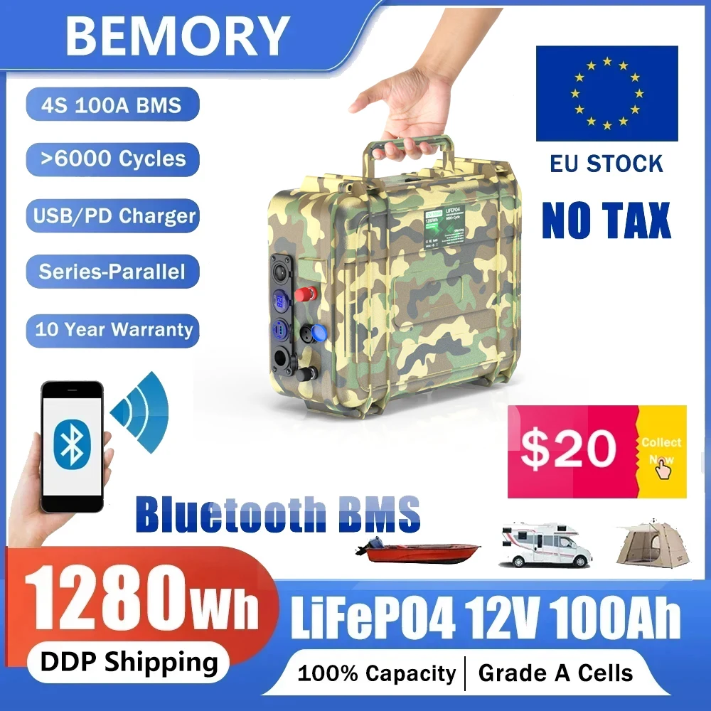 

LiFePO4 12V 100Ah 140Ah 80Ah Battery 12.8V Lithium Battery 6000+ Cycles With Bluetooth BMS Waterproof Grand A Cells No Tax