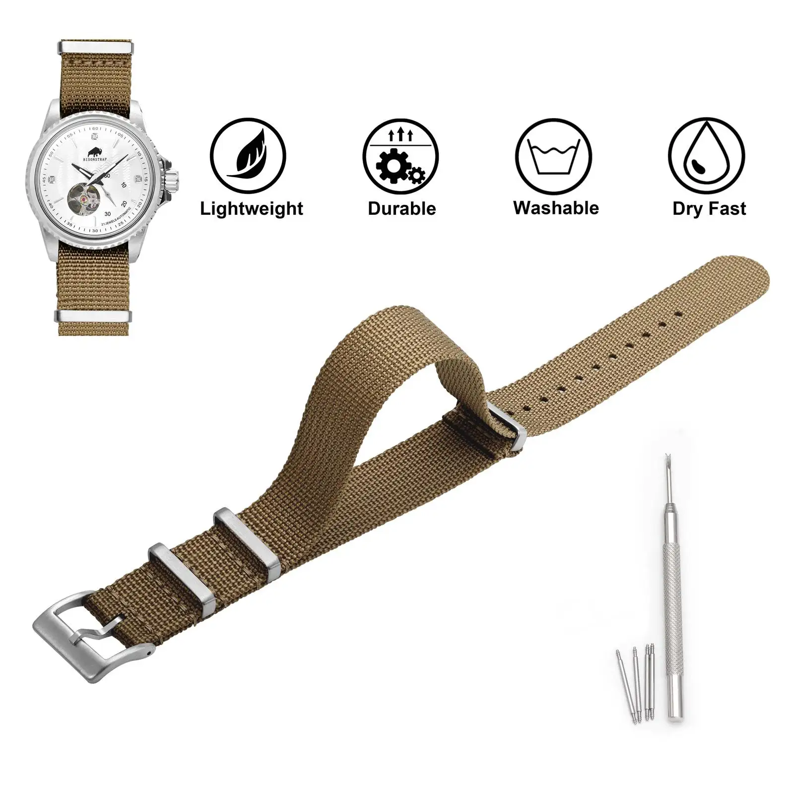 BISONSTRAP Cinturino per orologio da uomo 18mm 20mm 22mm Cinturino in nylon monopezzo regolabile e di ricambio Accessori per orologi Fibbia in argento