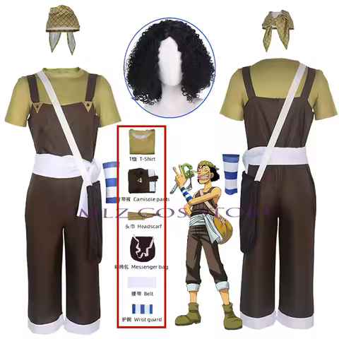 Usopp Cosplay Costume Anime GOD Brown Rompers White T Shirt Scraft White Waist Band Bag Halloween Christmas Party Play Outfit