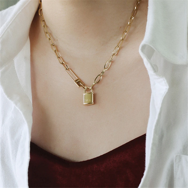Clavicle Chain with Lock Necklace for Women Padlock Pendant  High Quality Titanium Steel Plated 18K Gold Choker Fashion Jewelry