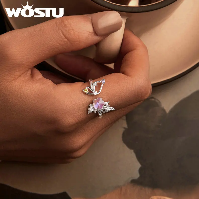 WOSTU 925 Sterling Silver Pink Butterfly Opening Ring Women Wedding Jewely Pink Crystal Flower Zircon Rings Girl Birthday Gift