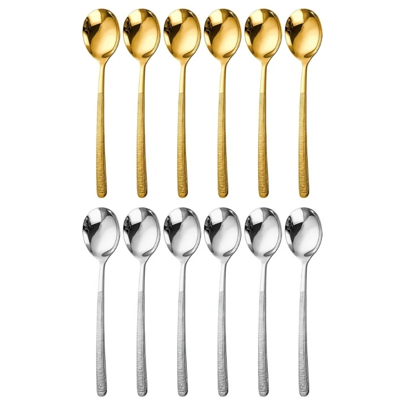 

Pack of 6 Long Handle Spoon Teaspoon Steel Dessert Coffee Milk Stirring Spoon E9LD