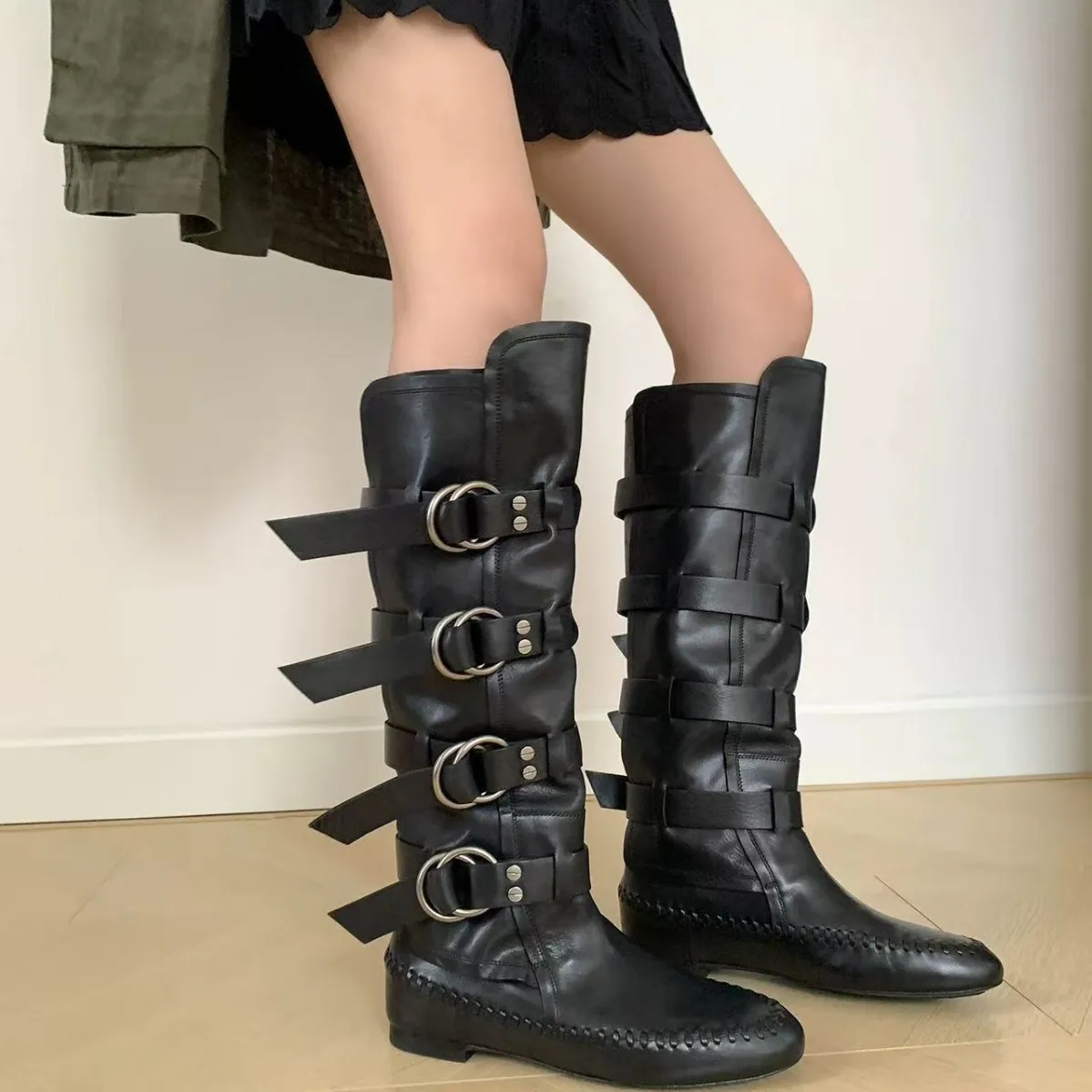 

Women Flat Bottom Mid Calf Boots Round To Real Leather Metal Buckle Design Long Boots Women Runway Winter Modern Boots New