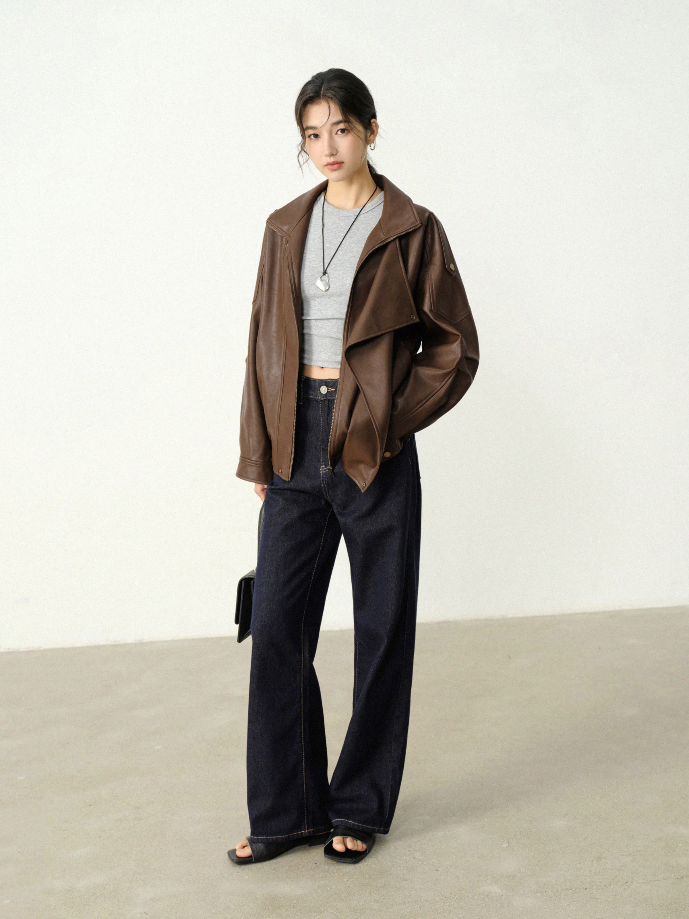 Vintage Brown Leather Jacket Short Moto Biker Coat Women Slim Casual Outerwear Autumn Fashion Retro Cropped Motorcycle Style Top