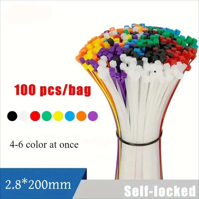 3×200mm Size 100Pcs/Bag Multicolor Slef-Locking Nylon Cable Tie Quickly Bundle Plastice Loop Wire Wrap Random color