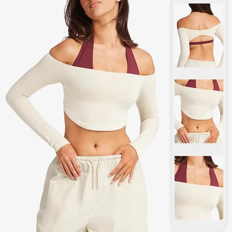 Off Shoulder Beauty Back Short Length Long Sleeve Top For Women Tight-fitting Sexy Outfits Stretchy Yoga Wear T Shirt Sportswear