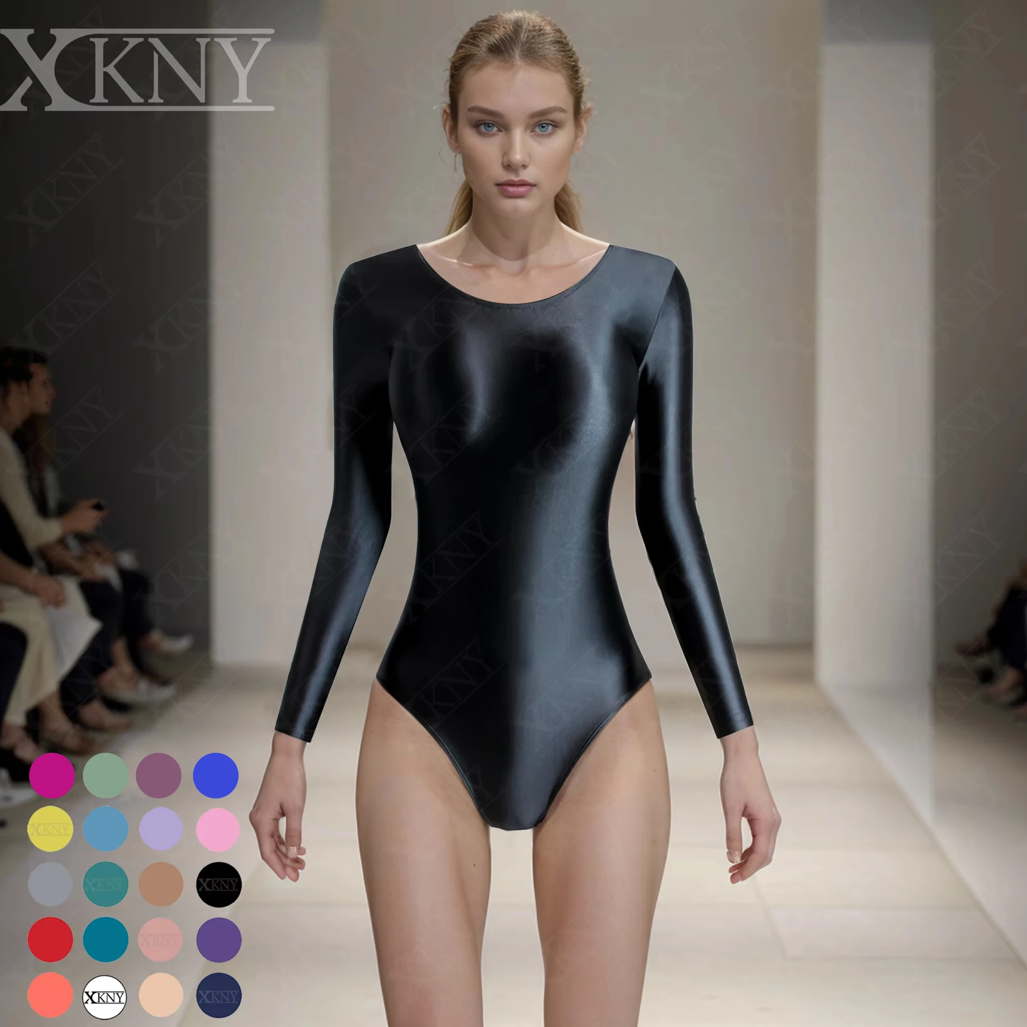 

XCKNY glossiness Series tights oil glossy slip smooth one piece long sleeve swimsuit Yoga sportswear solid color BODYSUIT MJINM