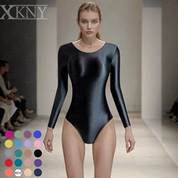 XClocKNYoung satin glossy tights oil slip smooth one piece long sleeve swimsuit Yoga sportswear solid color BODYSUIT MJINM