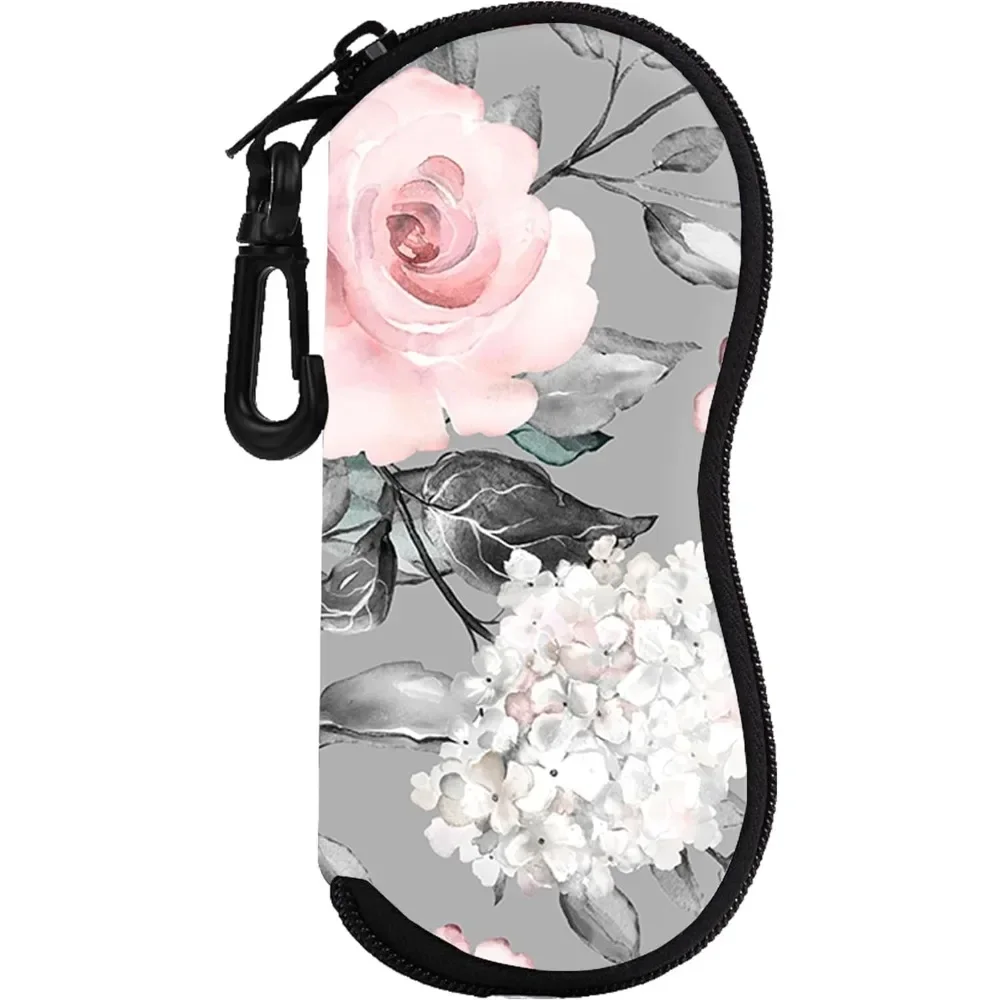 Grey Pink Flower Glasses Case Pouch Prints Zipper Soft Eyewear Storage Box Outdoor Travel Portable Anti-Pressure Sunglasses Bag