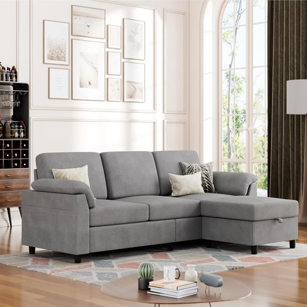 Sofá seccional Convertible moderno, sofá en forma de L de 3 asientos con almohadas extraíbles, sofá pequeño de tela de lino, sofá de sala de estar