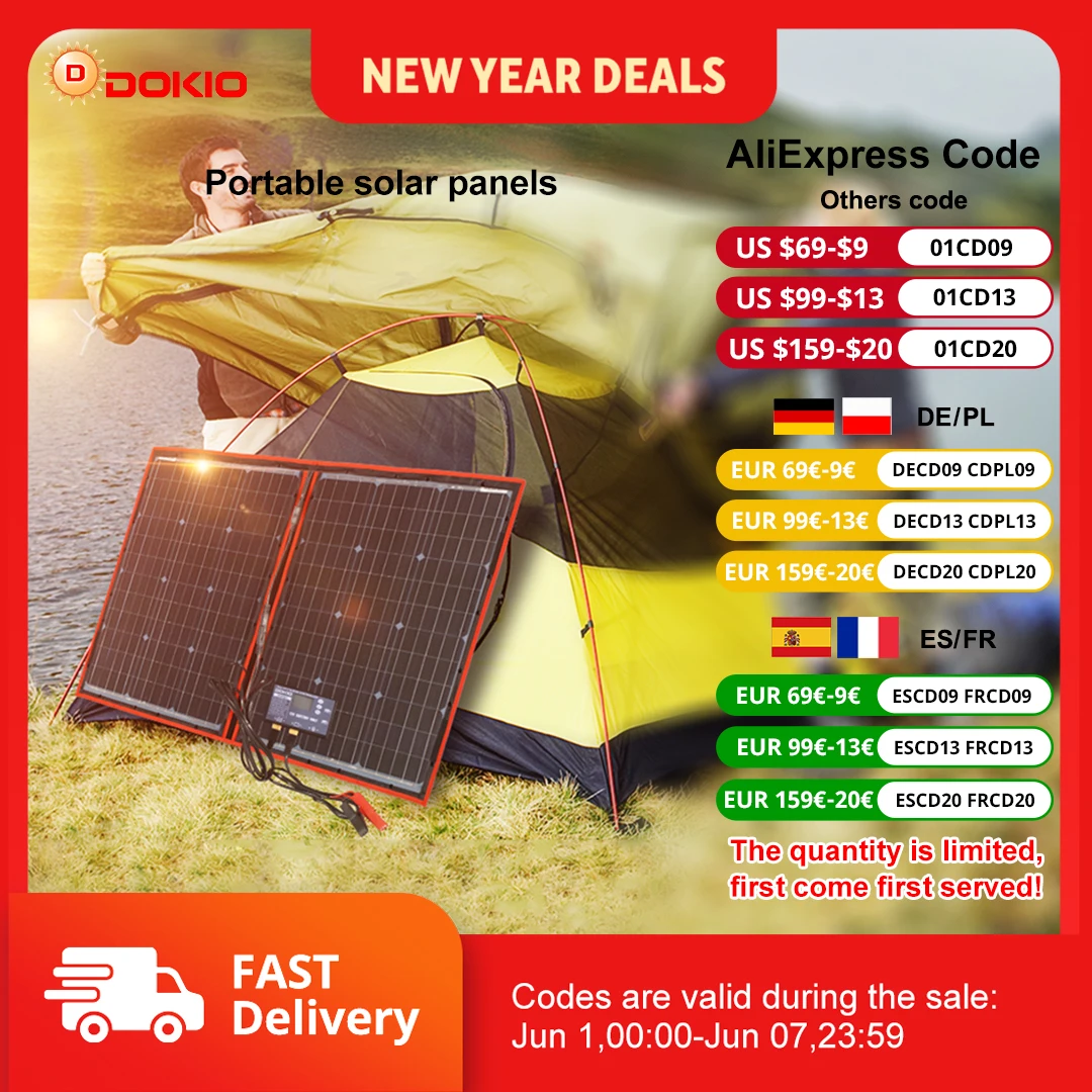 Dokio 18V 97W 150W 195W 295W Panel Solar plegable portátil con controlador de 12V Panel Solar Flexible para casa Camping viaje