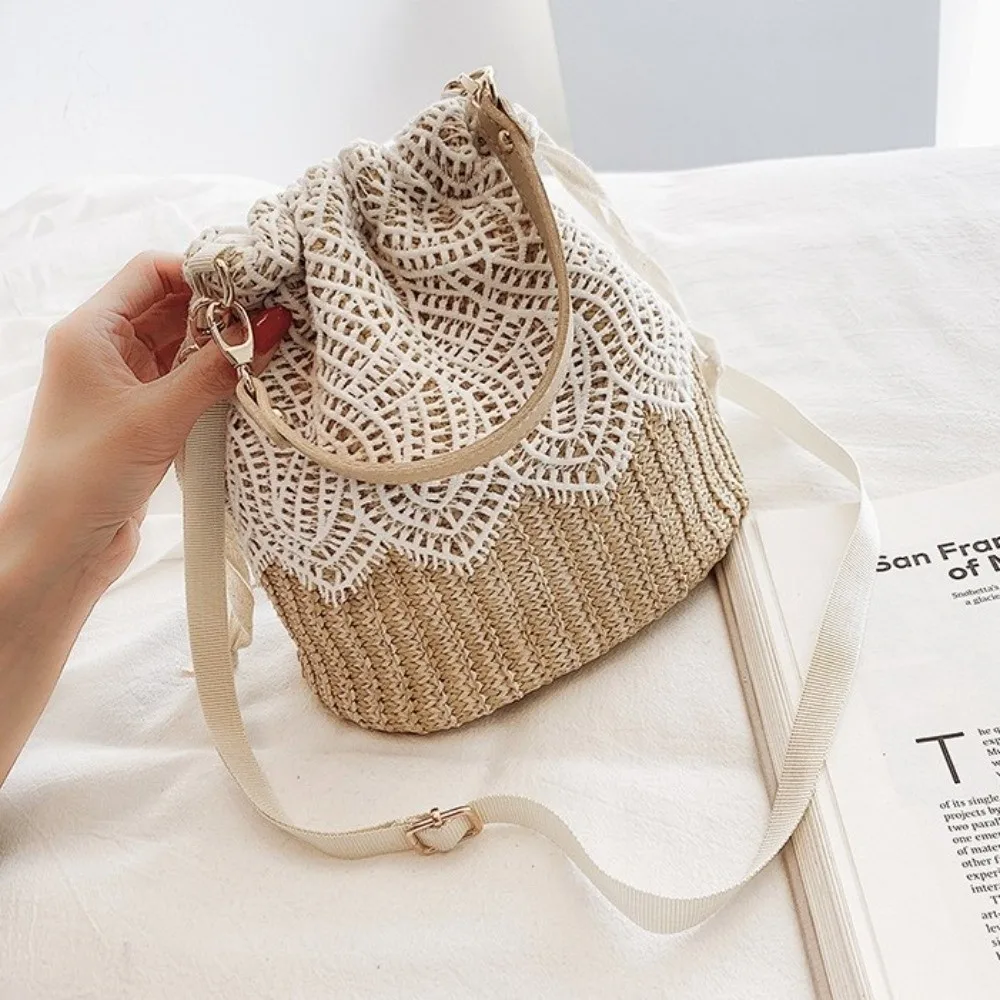 Portable Lace Straw Shoulder Bag Bohemian Flower Weave Tote Bag Bucket Bag Hollow Beach Handbag Students view 4