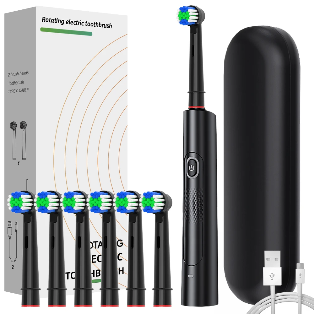 Smart Rotating Electric Toothbrush, Rechargeable Rotation Toothbrush with 6 Brush Heads, Compatible with Oral B Replacement Head