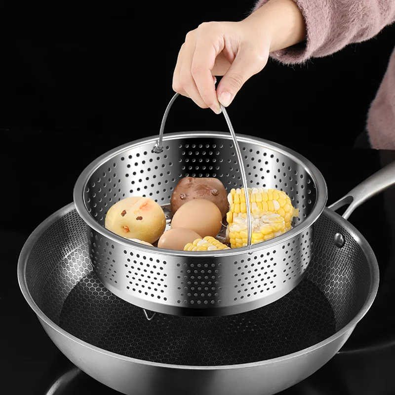 

Stainless Steel Food Steamer Basket with Silicone Handle Rice Pressure Cooker Steaming Grid Drain Drainer Cooking Utensils