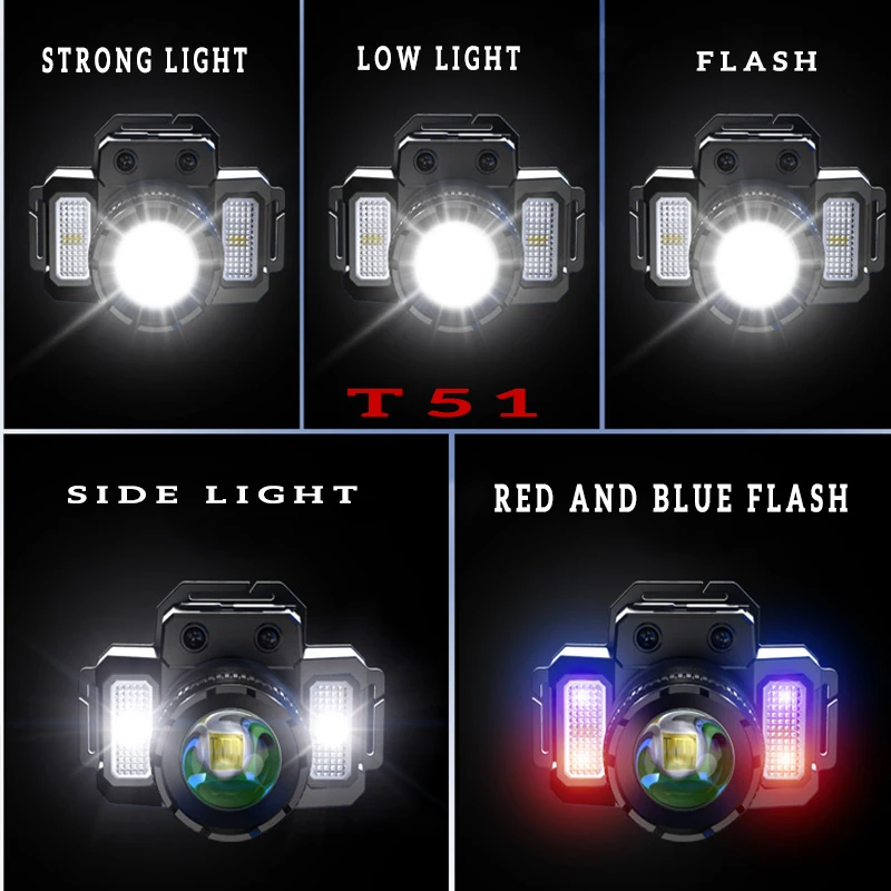 Inducción Super brillante linterna frontal T8 linternas de defensa personal para acampar linternas de pesca incorporado 18650 batería zoomable táctica linterna frontal recargable Led