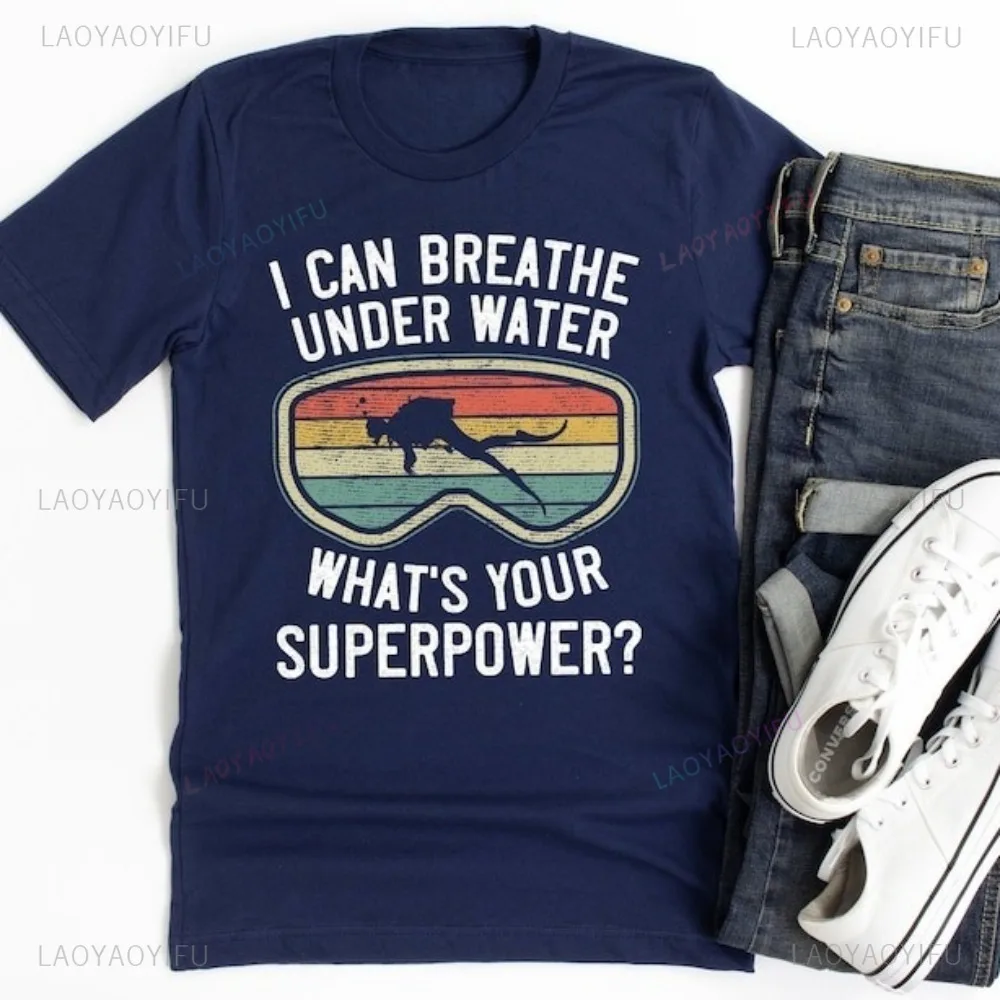 

Забавная рубашка для подводного плавания в стиле ретро, подарок для дайвинга, я могу дышать подводно, повседневная модная свободная футболка в стиле Харадзюку в стиле хип-хоп, панк, мужские футболки