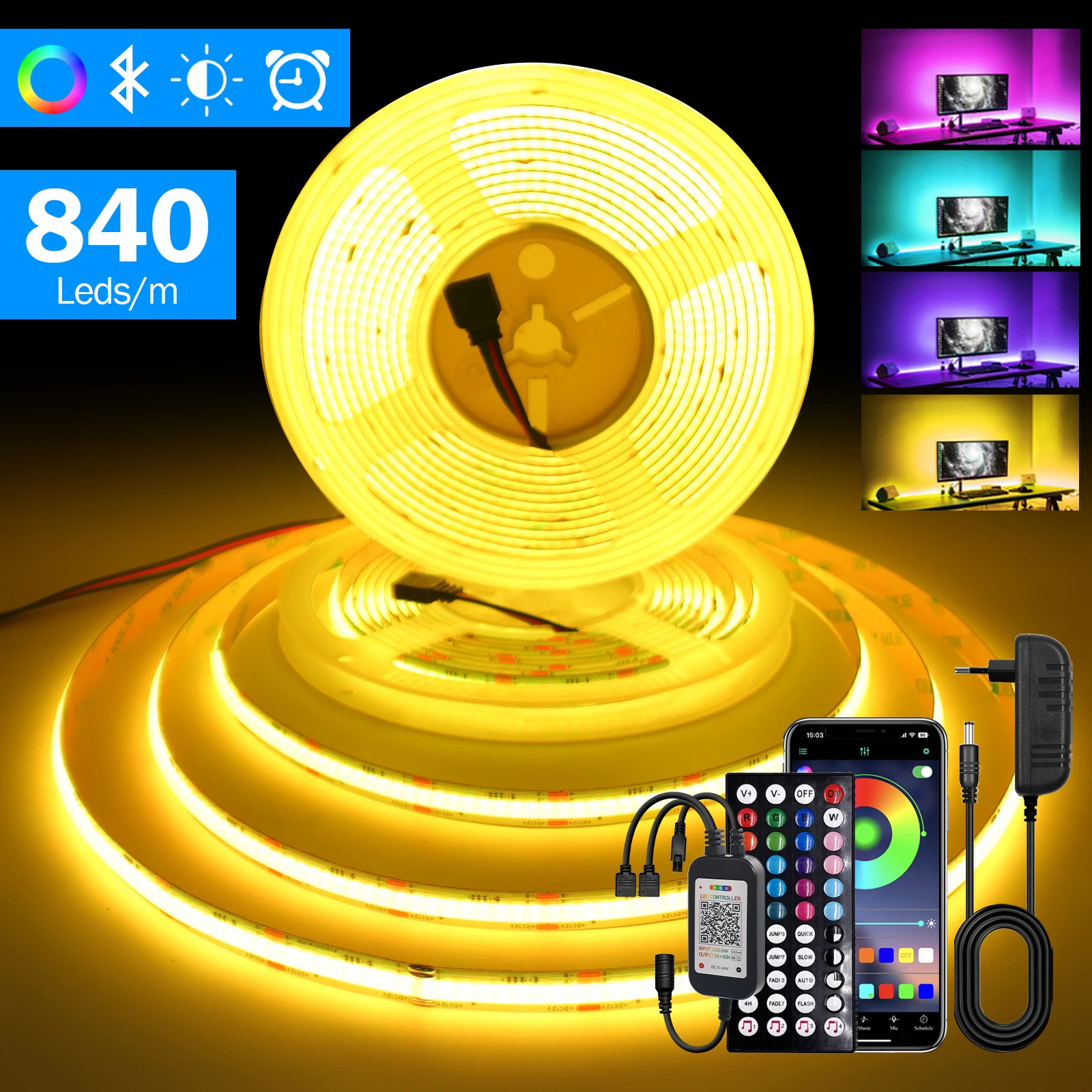 Bluetooth COB LED Light Strip 840 LEDs RGB Dream Full Color Flexible Tape DC12V 24V Ribbon Linear Lighting with Remote Control