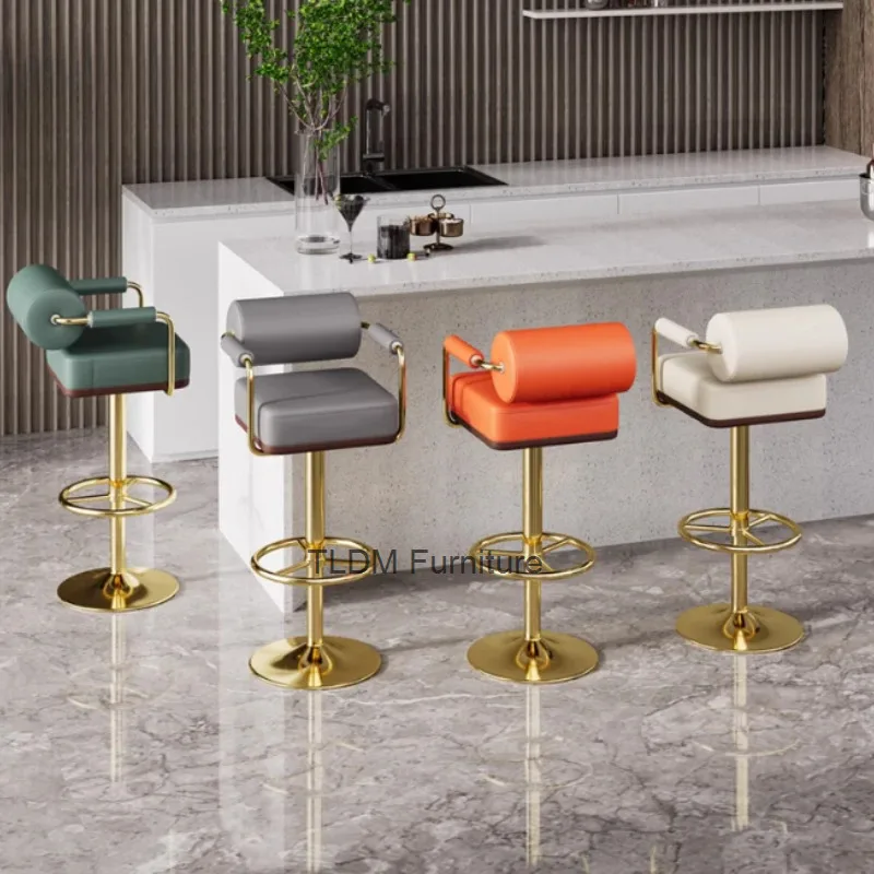 

Arm Rest Adjustable Bar Stools Quality Trendy Gold White Swivel Bar Chairs Metal Comfortable Taburete Cocina House Accessories