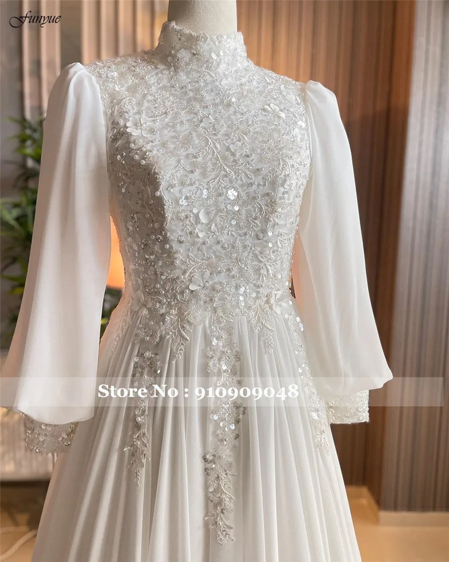 펀유에 우아한 A라인 시폰 무슬림 웨딩드레스 2025 신부 긴팔 아이보리 브라이덜 가운 레이스 비딩 프랑스 로브 드 마리에