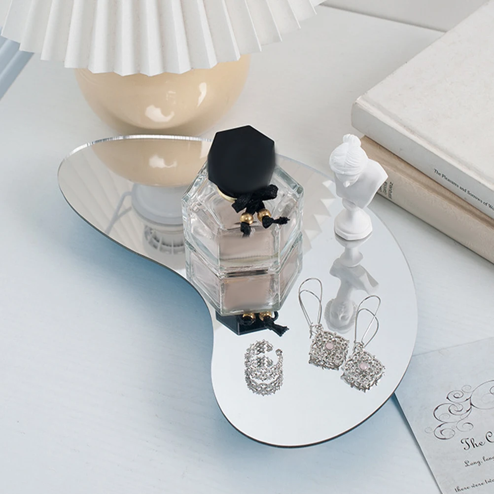 

Moon Shaped Acrylic Mirror Tray Silver Color Small Vanity Perfume Jewelry ganizer Bathroom Counter Display Storage
