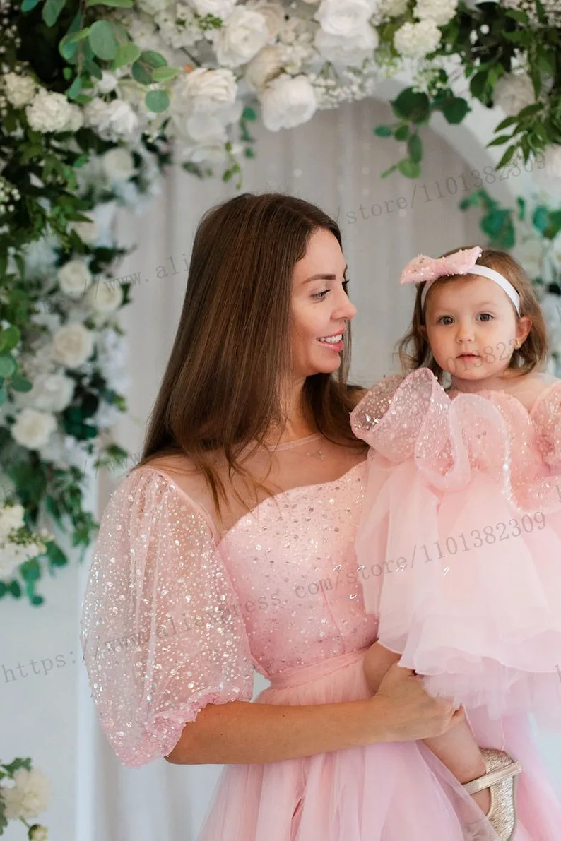 Blush Pink Sparkling Mother and Daughter Dresses Mommy and Me Birthday Party Dress Family Wedding Guest Junior Holiday Prom Gown