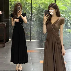 Lucyever Women's Summer Long Dress Solid Color Split Mid-Calf Length V-Neck Dresses Woman Korean Slim Short Sleeve A-Line Dress