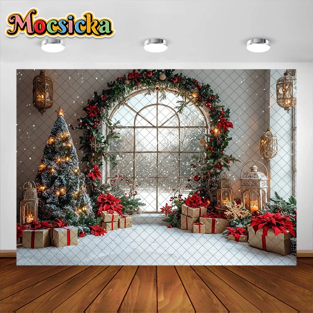 Mocsicka Photography Background Winter Christmas Wreath Window Decoration Supplies Kids Photo Portrait Backdrops Studio Props