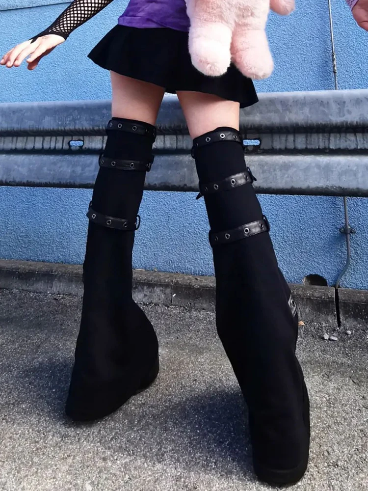 SUCHCUTE Gothic Eyelet Strap Women Trouser Legs Vintage Dark Academic Slim Bandage Leg Socks Black Knitted Boot Cuffs Leg Punk