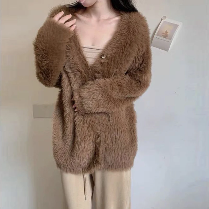 Women's Stylish Vintage Imitation Mink Cashmere Soft Knitted Cardigan Autumn Winter Solid V Neck Long Sleeve Loose Sweater Coat
