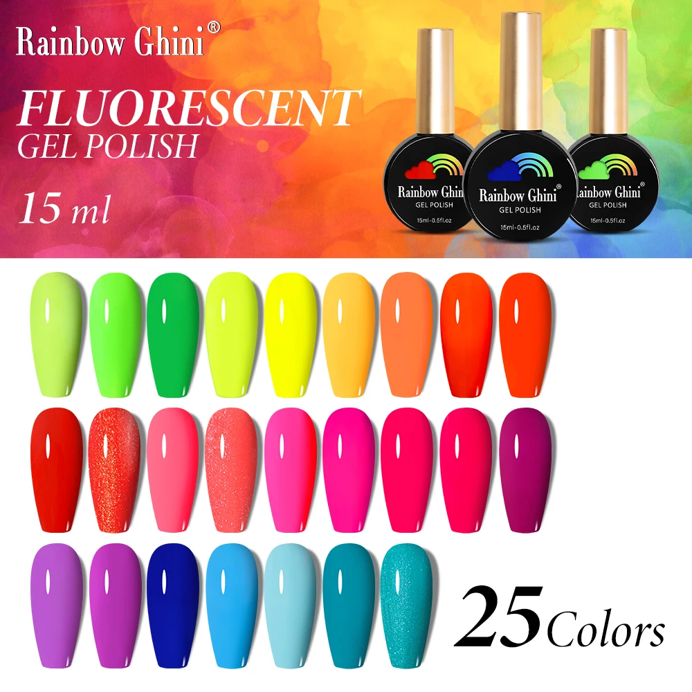 Rainbow Ghini 15ml Neon Gel Nail Polish Candy Fluorescence Colors Semi Permanent UV Varnish Hybrid Gel Paint Nail Art Glue Bar