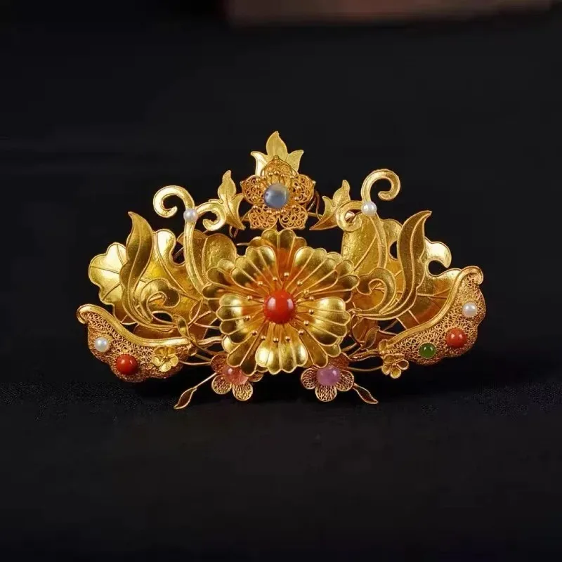 

Медная корона для волос с цветочным узором, традиционное ремесло, древний аксессуар для волос в стиле ханьфу, подарок для женщин