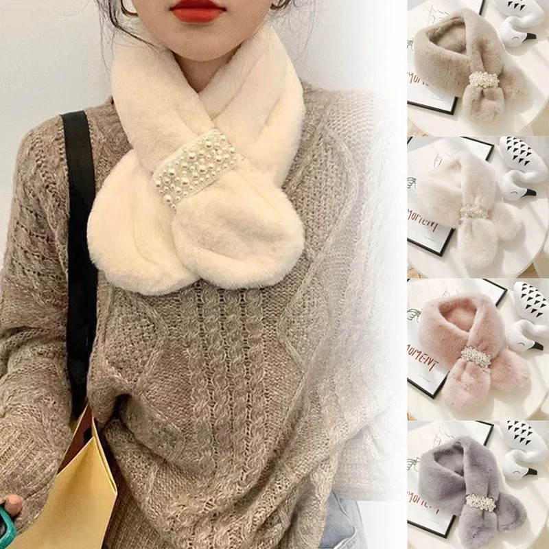 

Korean Style Women's Faux Rabbit Fur Scarf with Pearl Detail Thick Plush Neck Warmer Versatile Winter Accessory for Students