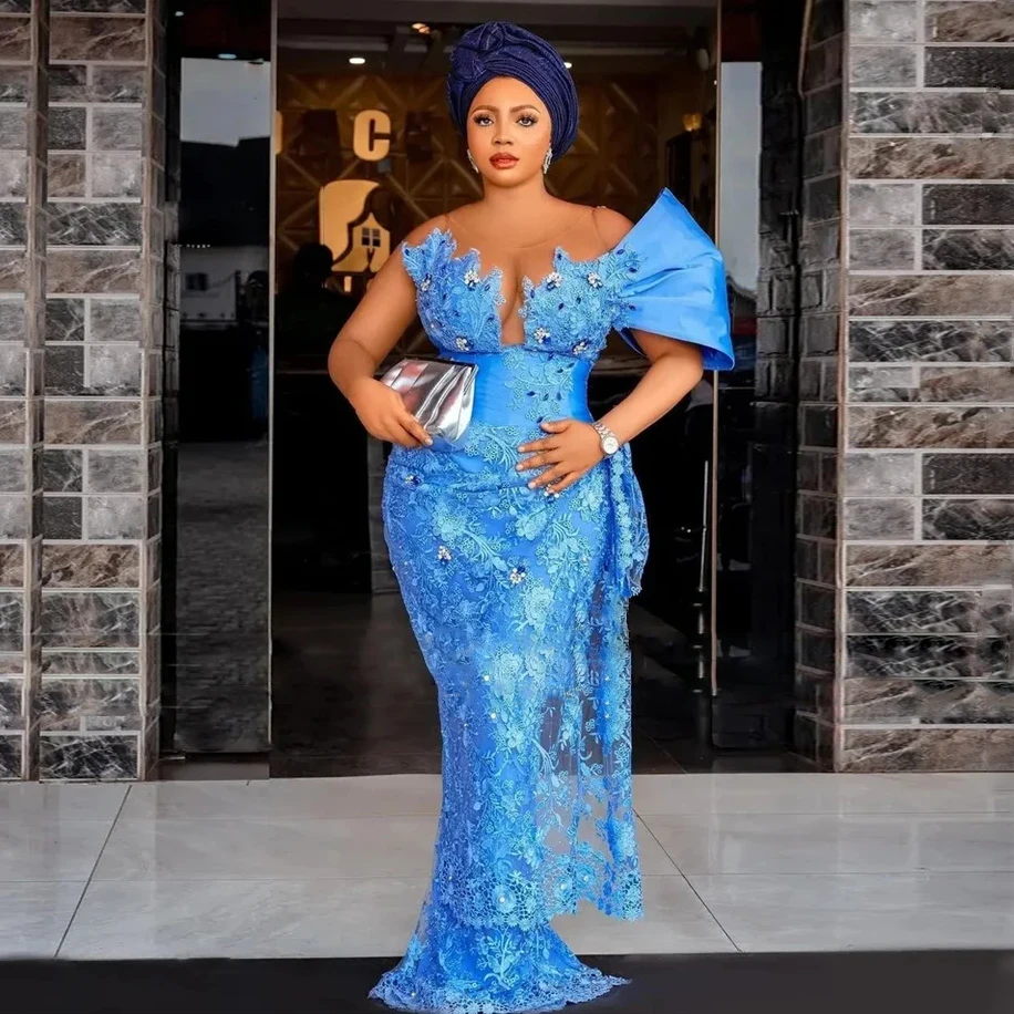 Splendidi abiti da sera nigeriani in pizzo blu una spalla blu Aso Ebi Style abito da festa di nozze abito formale africano Plus Size