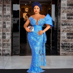 Stunning Blue Lace Nigerian Evening Dresses One Shoulder Blue Aso Ebi Style Wedding Party Dress African Formal Gown Plus Size