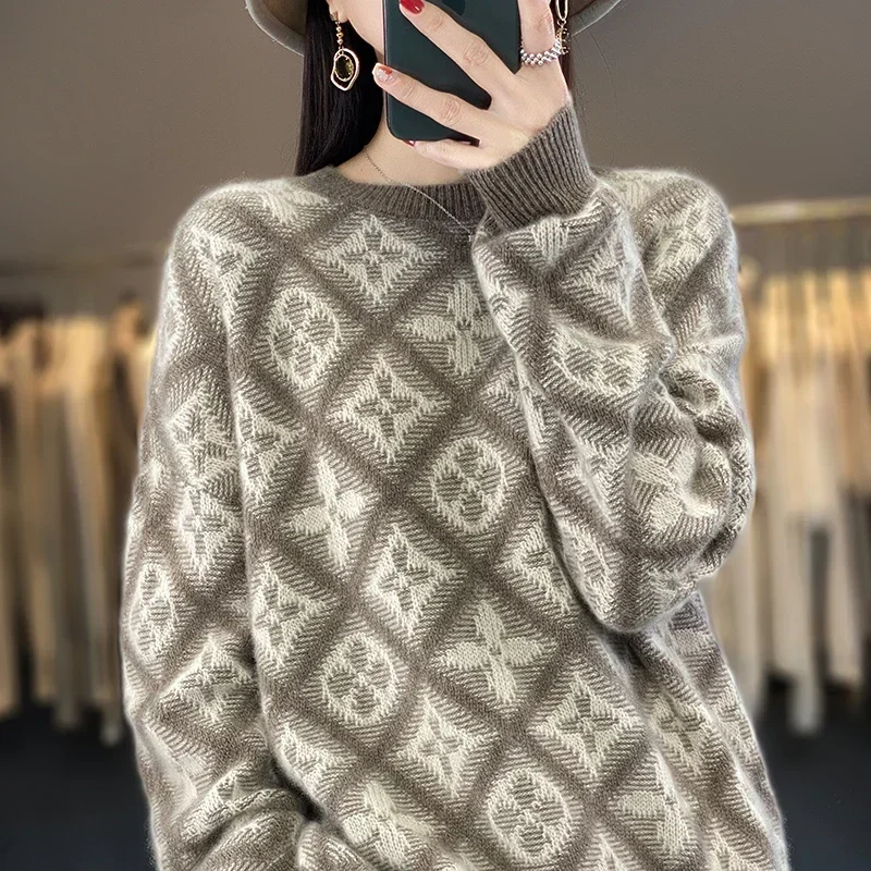 Women's 100% Cashmere Wool Sweater O-Neck Knitted Pullover Soft Comfortable Loose Top for Female Korean Fashion Autumn Winter Ne