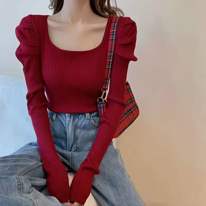 

Sweaters Women Elegant Spring Comfortable Long Puff Sleeve Casual Slim Temperament Ins Harajuku Popular Solid All-match Knitwear