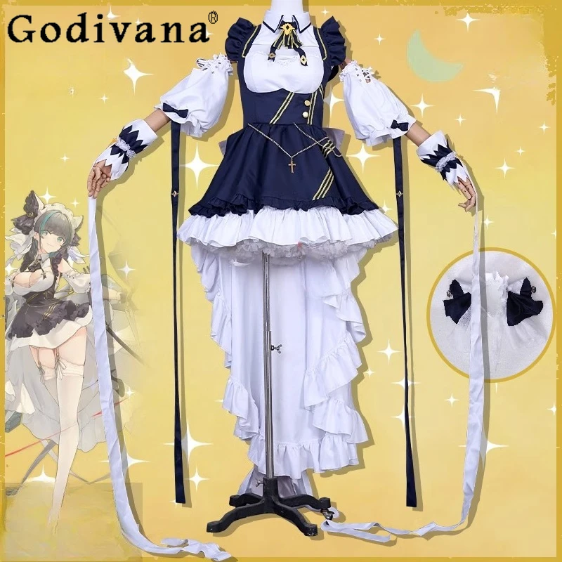 

Cheshire Cosplay Costume for Women Azur Lane Cat Maid Girl Hms Long Dress Full Set Female Wig Halloween Dress Suit