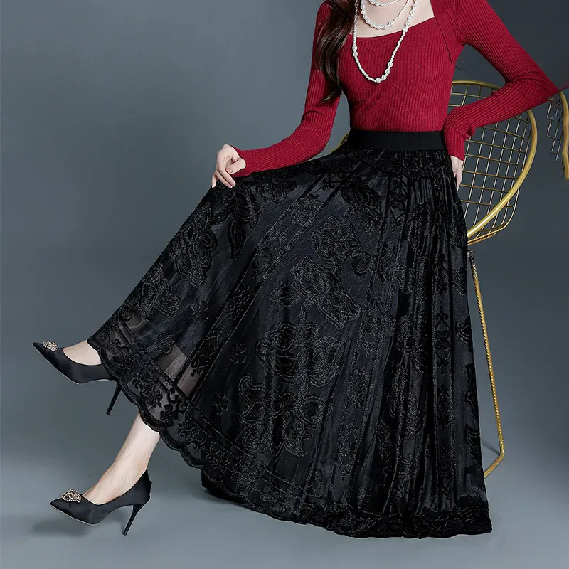 

Двусторонние кружевные юбки, женские весенне-осенние новые большие распашные юбки трапециевидной формы с высокой талией, длинная юбка высокого класса, плиссированные юбки с драпировкой