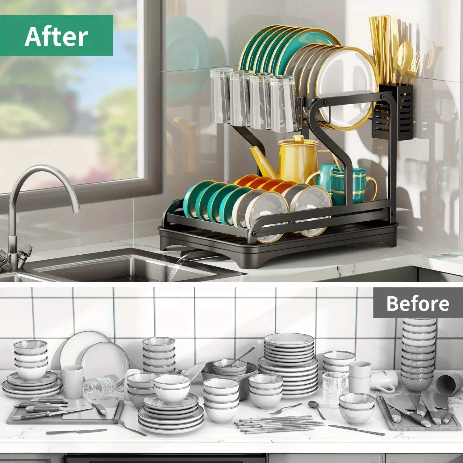 2-Tier Dish Rack with Drainboard  Dish Drying Rack with Utensil and Cup Holders -  Drying Rack  Dishes, Knives, Spoons