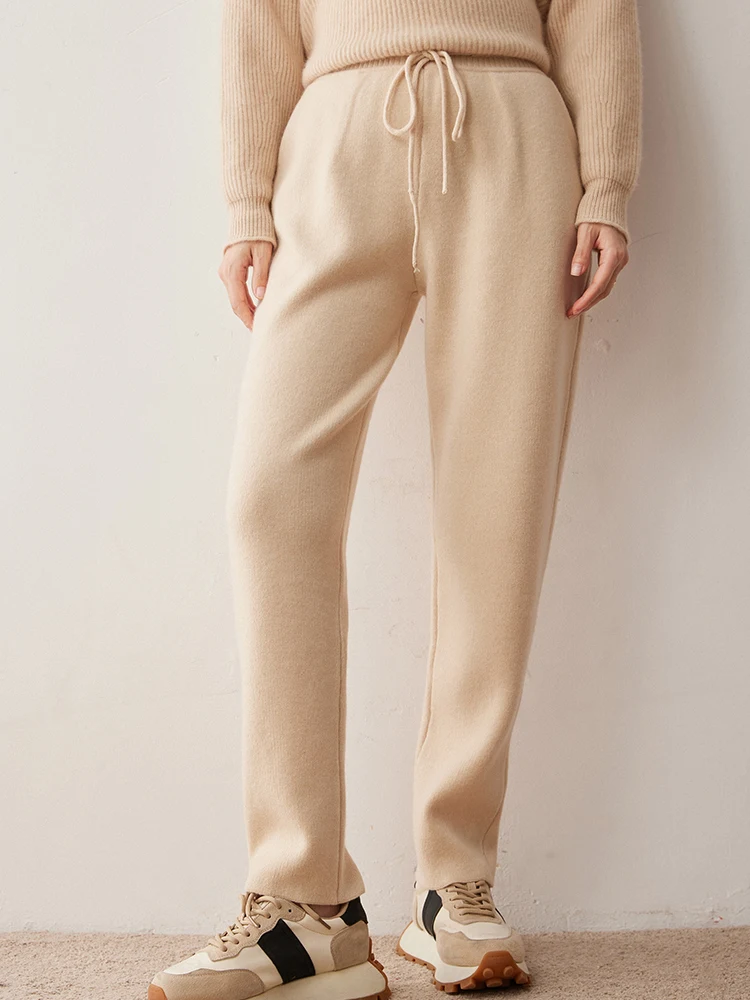 Casual Pencil Pants Women Pants 100% Cashmere Knit Autumn Winter Basic Warm Lace Up Elastic Waist Trousers Simple Style Pocket