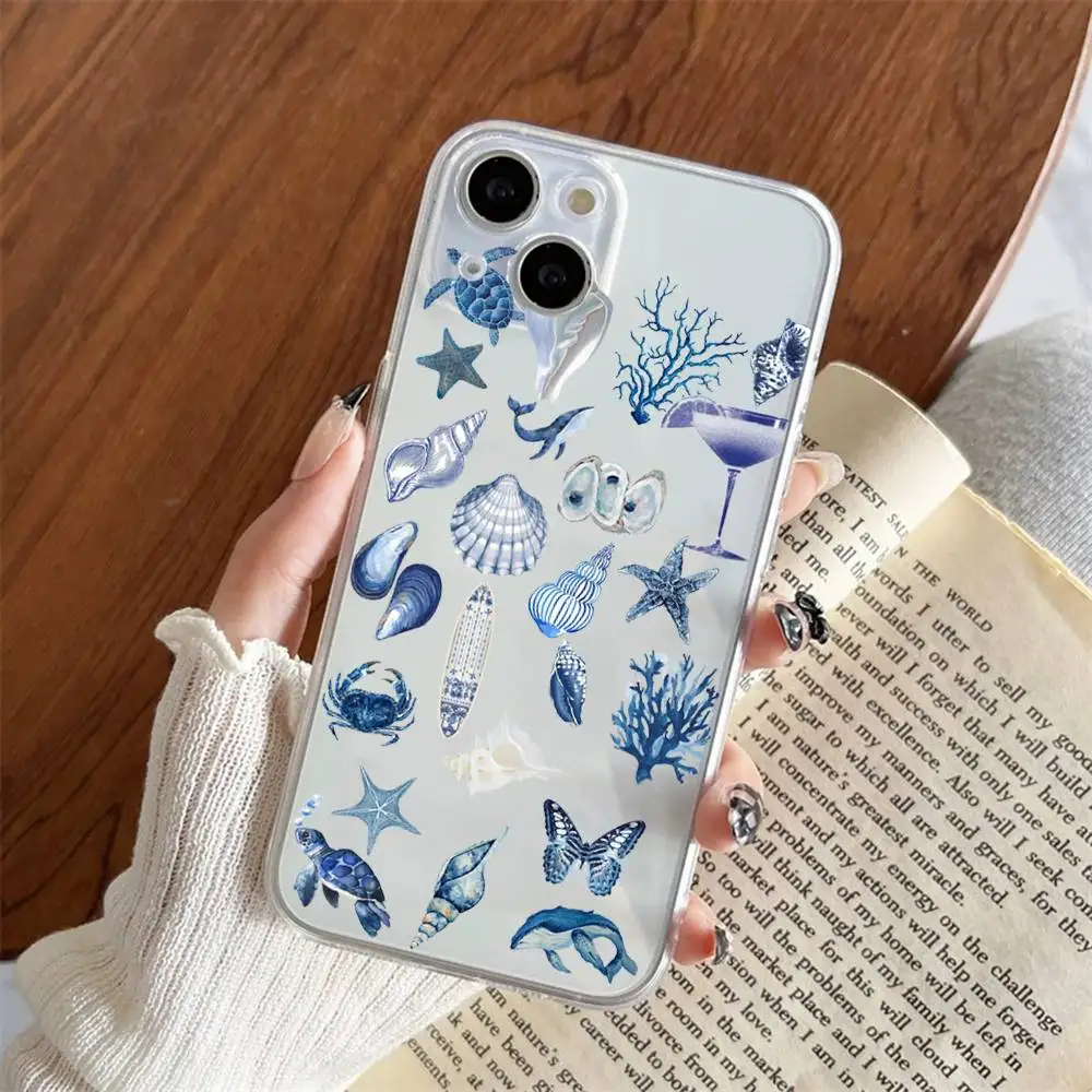 1pc Ocean Life Phone Case Transparent For IPhone 17 16 15 14 13 12 11 PRO MAX PLUS Mini Soft Skin-friendly Cover