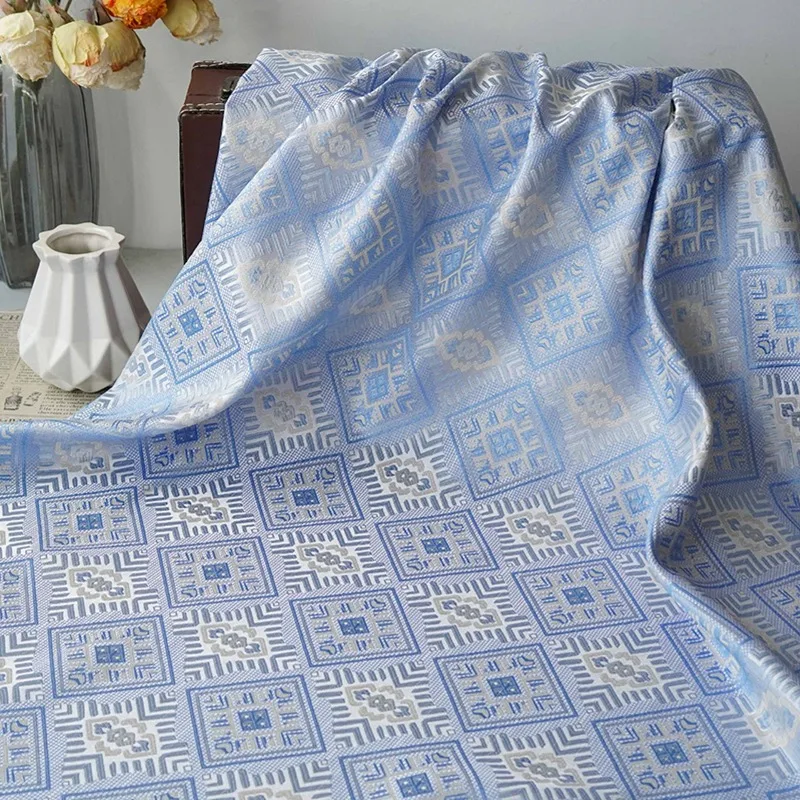 1 Meter Blue Chinese Style Geometric Zhuang Brocade Jacquard Fabric Ethnic Style Yarn Dyed Qipao Vest Dress DIY Craft Material