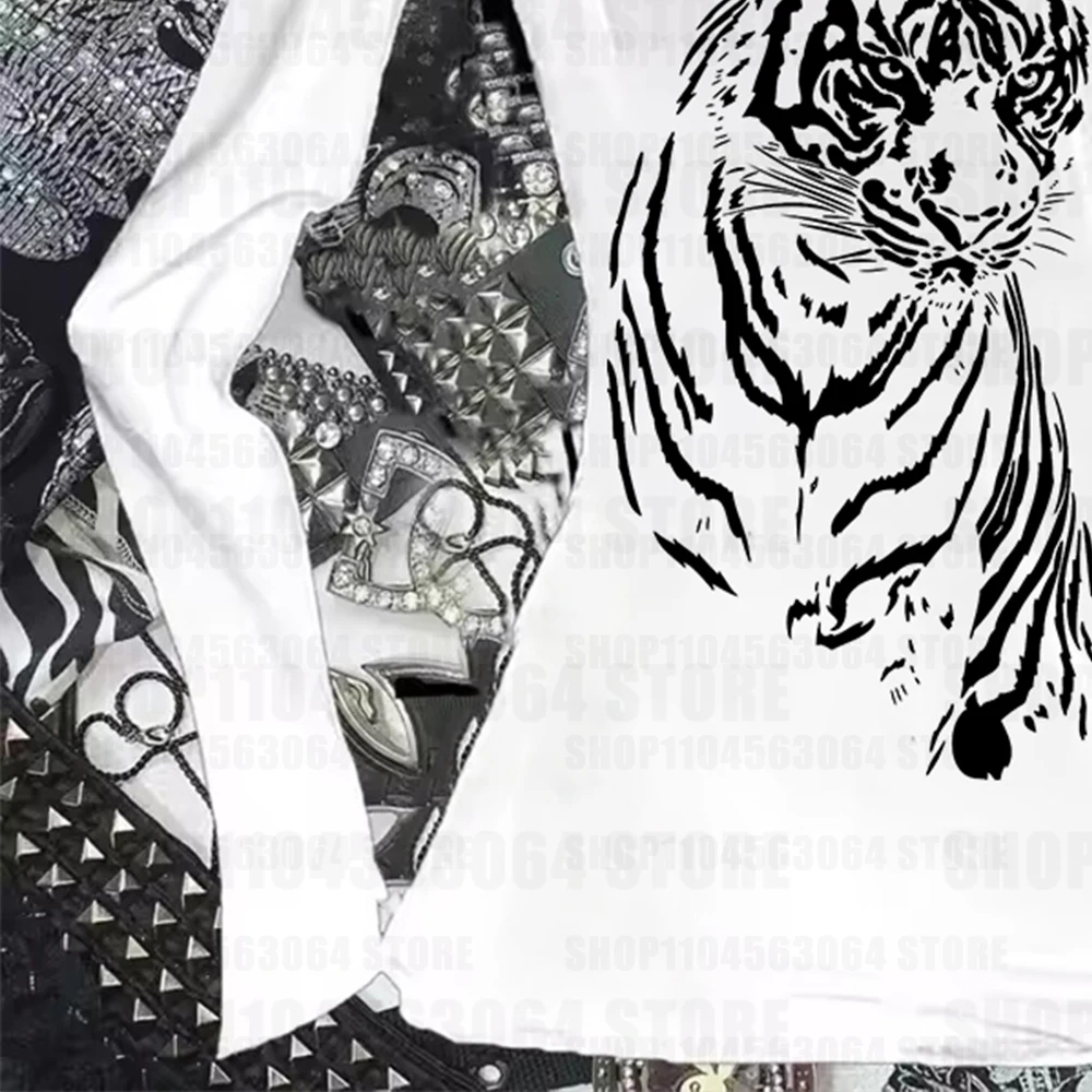 تي شيرت Y2K نسائي مضحك ورعب وممتع بنمط نمر مطبوع بأكمام طويلة مضحك يومي متعدد الاستخدامات