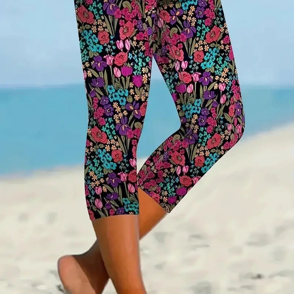 Floral floral print elastic elastic waist slim casual leggings for women