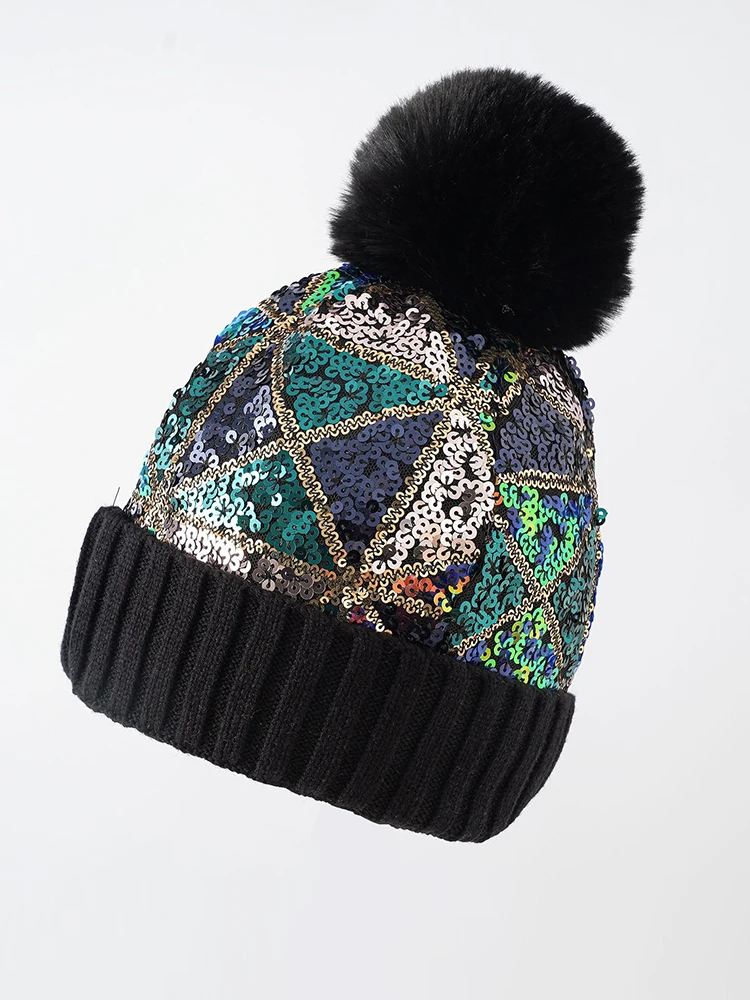 New 2023 Winter Mujer Ladies Christmas Hats Women Chic Glitter Sequin Pompom Hat Knitted Handmade Adult Cover Head Cap