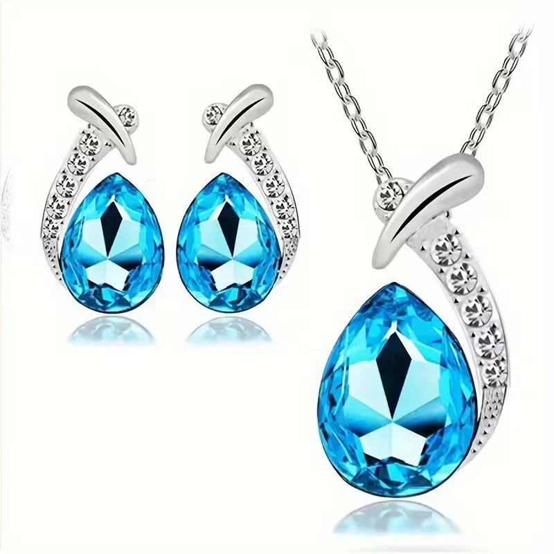 2Pcs Water Drop Blue Crystal Jewelry Set Silver Plated Curved Pave Small Zircon Pendant Necklace Matching Stud Earrings Women Dating Evening Party Accessory Gift
