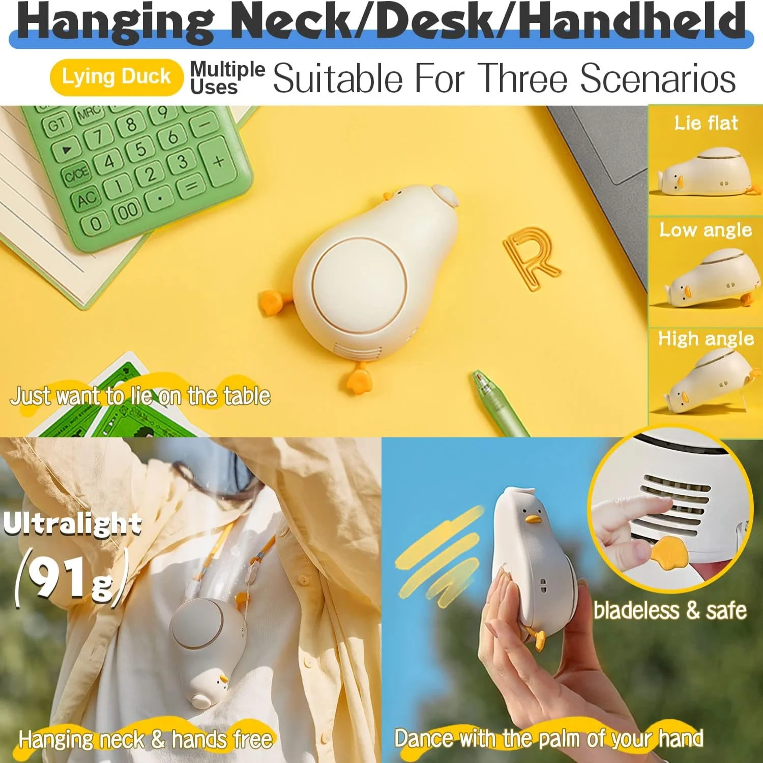 مروحة رقبة محمولة مع حبل، مسطحة مع ملصقات DIY، سطح مكتب خالي من الشفرة، مروحة رائعة صغيرة، قابلة لإعادة الشحن عبر USB، بيرسو