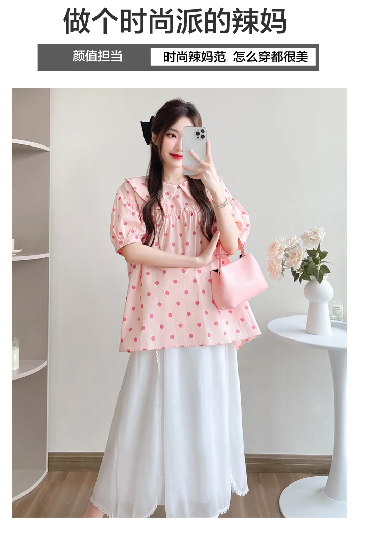 2024 Pregnant Women\'s Summer Polka Dot Blouses Sweet Doll Collar Maternity Blouses With Large Bowknot Lovely Pregnancy Tops Tees