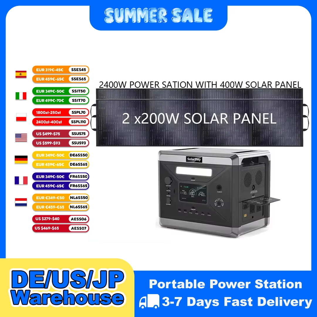 SOLARPLAY 2400 W Kraftwerk Lifepo4 Batterystation USV Notstrom Solarpanel Trolley Ausrüstung Reine Sinuswelle für den Außenbereich