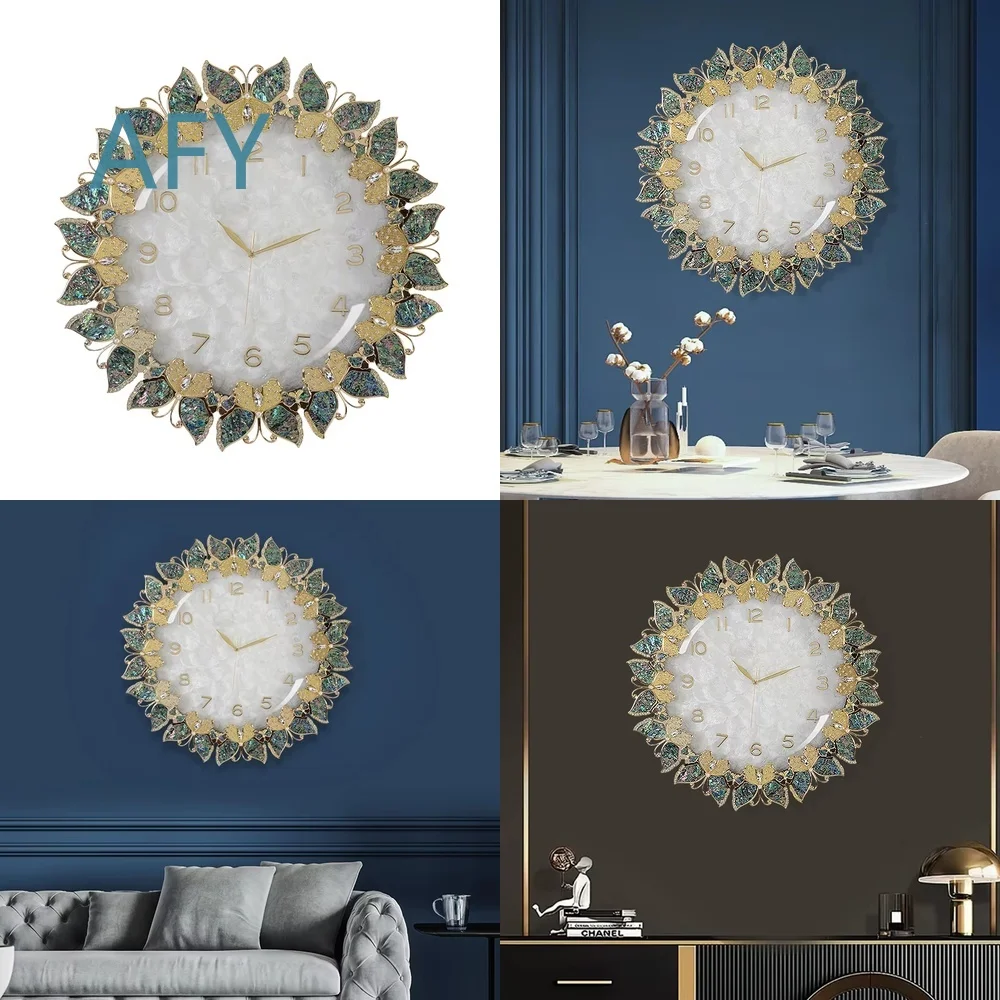 Creative Abalone Shell Pearl Crystal Wall Clock for Modern Living Room Home Decor Retro Fashion Wall Decoration Timepiece for